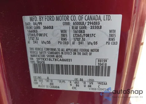 1999 Ford F-150 Lariat/Xl/Xlt z USA, uszkodzony, nr VIN 2FTRX18L7XCA86031